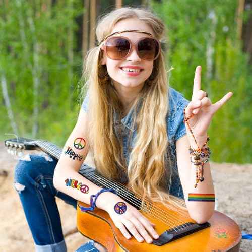 100PCS Groovy 70s Temporary Tattoos-10 Sheets Hippie Tattoo Stickers for Fan Birthday Party Decorations Hand Tattoo Party Favor Party Supplies Gifts for Kids Boy Girl Adult Pretty Christmas Gift