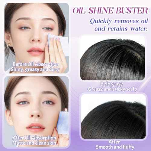 BOROLA 3-in-1 Oil Blotting Paper Set for Face 100 Sheets Oil Absorbing Sheets with Portable Mirror & Adhesive Makeup Puff, Blotting Papers for Oily Skin, Design for Men & Women(Purple)