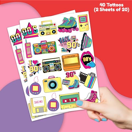 90s 80s Glitter Temporary Tattoos Themed 40PCS Birthday Party Decorations Favors Supplies Decor Retro Skate Tattoo Stickers Gifts for Kids Children Girl Boys Adults School Rewards Home Activity Prizes