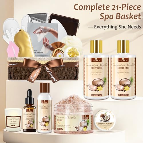 Bath and Body Gift Basket Set for Women - Coconut Vanilla Spa Gift Basket - Premium 21?Piece Luxury Bath & Body Gift Set for Self Care - Gift ready for Mothers Day, Christmas, Birthday Gifts