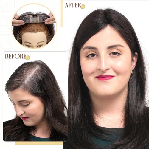 Elailite Human Hair Toppers for Women Real Human Hair Thin 4.7"x3.9" Silk Base Clip in Remy Hairpieces 8 Inch Jet Black