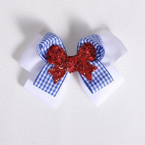 4.5in Blue White Checker Plaid Ribbon Hair Bow Clips Red Glitter Gingham Pigtail Alligator Hairpins Halloween Costume Dress Up Birthday Party Accessory Gift for Girls Women