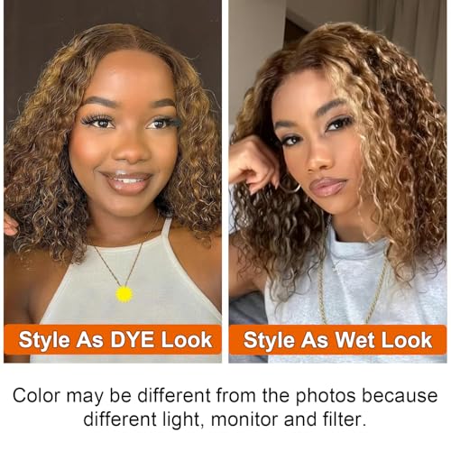 13x4 Honey Blonde Wig Human Hair #4/27 Highlight Ombre Lace Front Wig Human Hair 12 Inch Kinky Curly Bob Colored Wigs for Black Women 180% Density