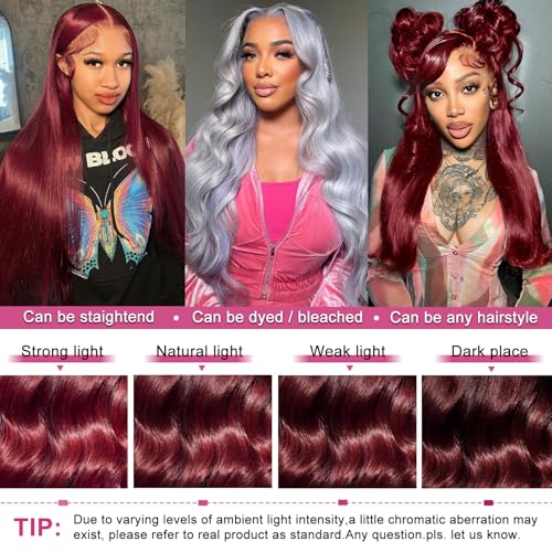 99j Burgundy Body Wave Lace Front Wigs Human Hair 13x6 HD Transparent Lace 180% Density Wine Red Colored 22 Inch
