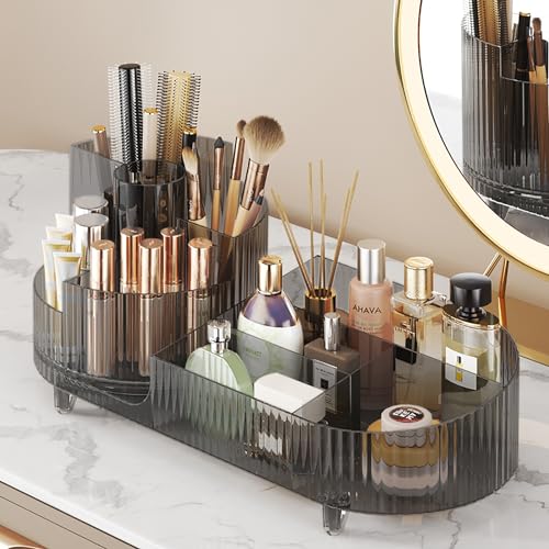 360¡Æ Rotating Makeup Organizer for Vanity - Large Capacity Cosmetic Display Case Countertop Cosmetic Storage Holder with Makeup Brush Holders £¨Gray£©