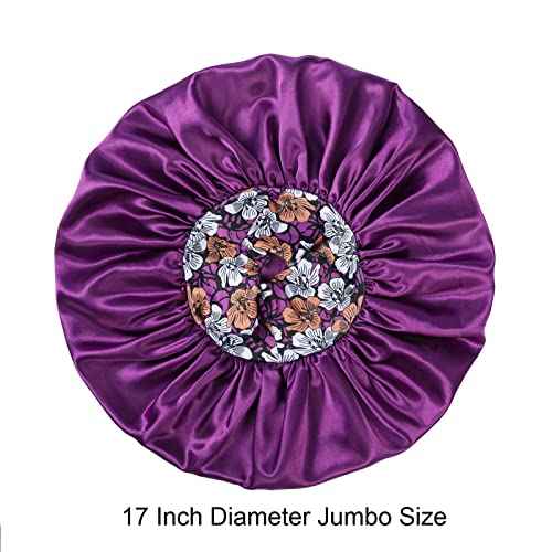 Silk Satin Bonnet Hair Cap: 2pcs 17inch Diameter Extra Large Jumbo Sleeping Satin Bonnets with Comfortable Flower Band - High Density Bonnets for Women Braids Curly Night Cap (Purple & Teal)