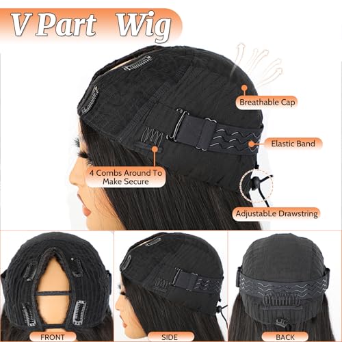 Burmese Curly Wig Human Hair V Part Wig 100% Real Human Hair Glueless With Drawstring Clip In Burmese Curly V part Wigs Upgrade U Part Wigs 220% Density 16 Inch Natural Black 1B Color