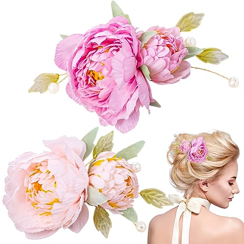 2pcs Silk Flower Hair Clips for Women, 2 in 1 Flower Brooch, Pearl Floral Hair Pins Barrettes for Women Girls Brides Party Wedding Decor Hair Buns Updo Holder Accessories- Pink & Light Pink