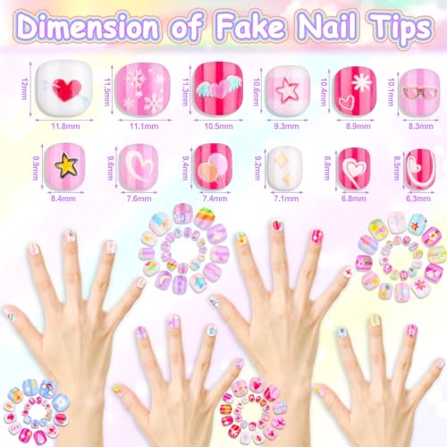 Audab 144 Pieces Mini Nails Set for Kids Press on Girls Nails Kit Fake Nail Tips Short False Nail Full Cover Stick on Nails for Kids 8-12 Sleepovers Stuff Spa Parties Supplies Valentine Day Gifts
