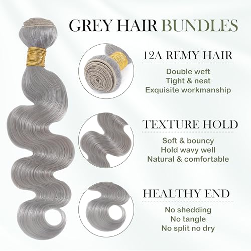 Grey 2 Bundles Human Hair Body Wave, 12A Soft and Thick 100% Unprocessed Remy Hair Lavender Silver Gray Human Hair Sew In Quick Weave Bundles Short Wavy Sew In Extension (14/14 Inch, 2PC)