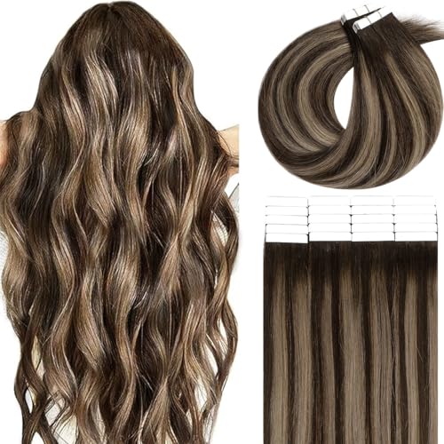 Lacer Human Hair Extensions Tape In Rooted Dark Brown To Chestnut Brown Highlight 16inch 100G Tape Ins Human Hair Extensions Seamless Skin Weft Hair Extension Tape In 100% Remy Human Hair 40pcs