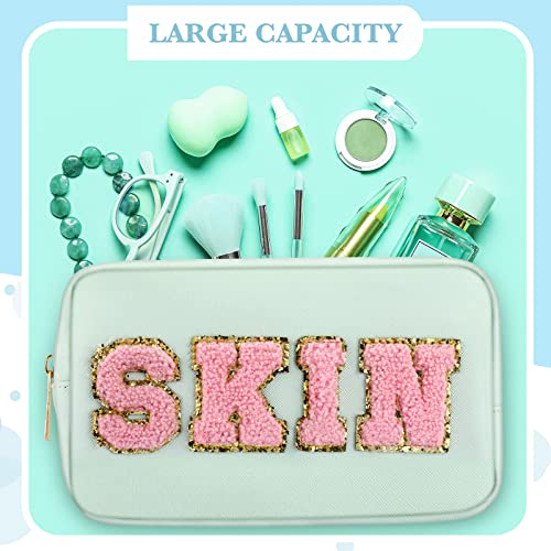 Sanwuta 4 Pcs Hair Face Skin Travel Bag Set Preppy Makeup Pouch PU Leather Skincare Bag Waterproof Cosmetic Organizer Birthday Christmas Gifts(Blue, Pink, Green, Purple,Fresh Style)