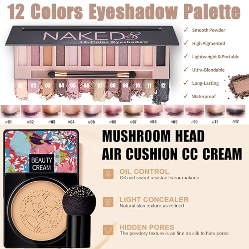 All in One Makeup Kit for Women Full Kit,Travel Make Up Gift Set for Women Teens Girls, Includes Eyeshadow,CC,Foundation,Lipstick,Mascara,Brush,Sponge,Brow Powder & Soap,Eyeliner,Primer,Contour,Bag