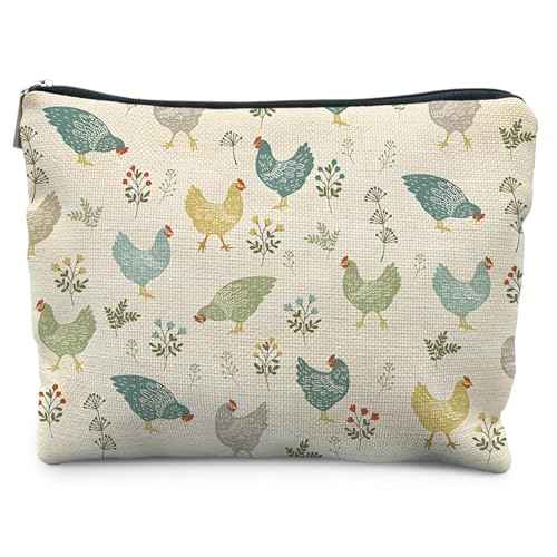 Chicken Gifts for Women, Neutral Cottagecore Cosmetic Bag Makeup Bag for Women, Boho Floral Rooster Hen Farm Animal Makeup Zipper Pouch