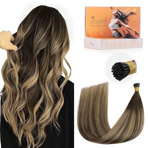 DOORES I Tip Hair Extensions, Balayage Chocolate Brown to Caramel Blonde 50g/50s 24 Inch, Itip Extensions Human Hair For Women Human Hair Cold Fusion Hair Extensions Straight Itip Extensions