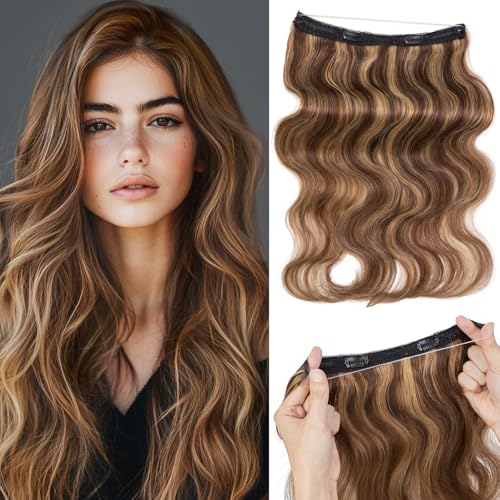 Halo Hair Extensions Real Human Hair,S-noilite 100% Wavy Human Hair Halo Extensions for Women65g/16inch 4P27 Medium Brown Mixed Dark Blonde