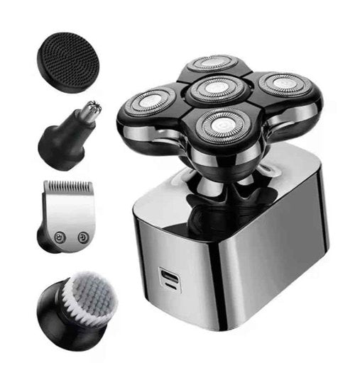 5D Electric Head Shaver for Bald Men – Waterproof Wet/Dry Razor – USB-C Fast Charge – 6-in-1 Grooming Kit with Beard & Nose Trimmer – Cordless, Portable, Travel-Friendly Head Shaver