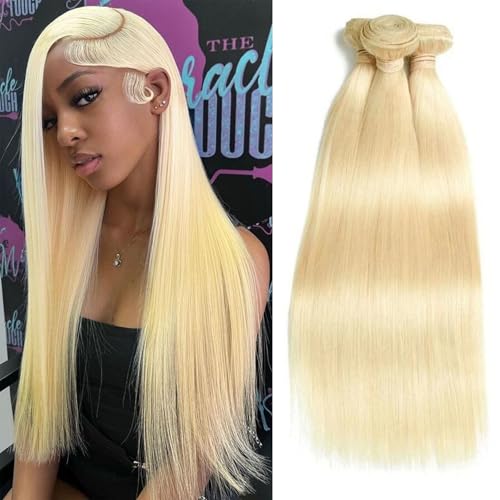 613 Straight Bundles Human Hair 3Bundles Real Human Hair Bundles Extensions Light Blonde Color 3Bundles Human Hair enough to full head(141618 Inch)