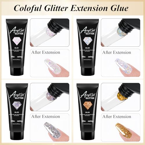 4 Pcs Glitter Nail Extension Gel Kit, Reflective Nail Polish Gel Acrylic Nail, Silver, Gold and Clear Colorful Glitter Gel Nail Extensions, Sparkle Gel Nail Extensions Kit UV/LED Needed for Home Salon