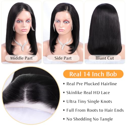 Flady 14 inch Bob Wig Human Hair 13x4 HD Lace Front Wigs Human Hair Pre Plucked 150% Density Straight Human Hair Bob Wig Glueless Short Bob Frontal Wigs For Black Women