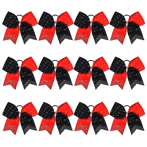 CEELGON Large Rhinestones Cheer Bows, 12 PCS Glitter 7" Cheer Bows Ponytail Holder for Cheerleaders Girls Hair Bows, Red/Black with Full Rhinestone