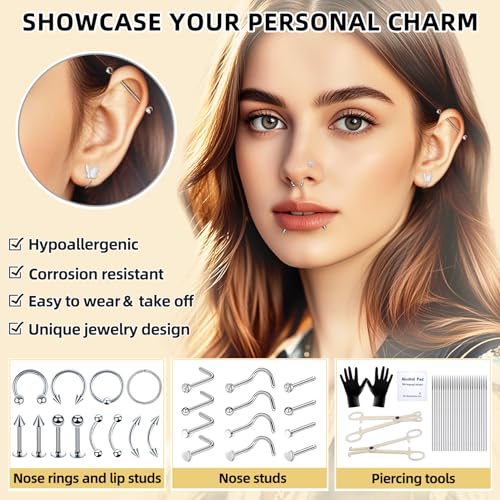 154PCS Mixed-pack Nose Piercing Kits for All Piercings,Stainless Steel Piercing Jewelry Kit 14G 16G with Piecing Needles for Ear Cartilage Tragus Nose Septum Lip Piercing Tools