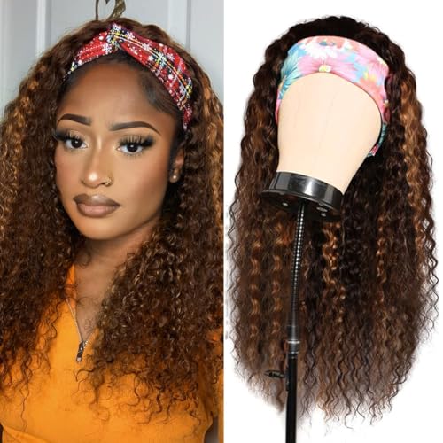 Ombre Deep Wave Headband Wig Human Hair #4/27 Curly Headband Wigs for Black Women Human Hair Glueless None Lace Front Wigs Brazilian Virgin Hair Wig Machine Made 150% Density 20 Inch
