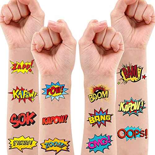 Anprola Super-hero Temporary Tattoos Stickers for Kids 20 Sheet Boom Letter Sign Cutout Party Favors Decoration Supplies for Girls Boys Gifts Classroom School Prizes Rewards Goodie Bag Fillers