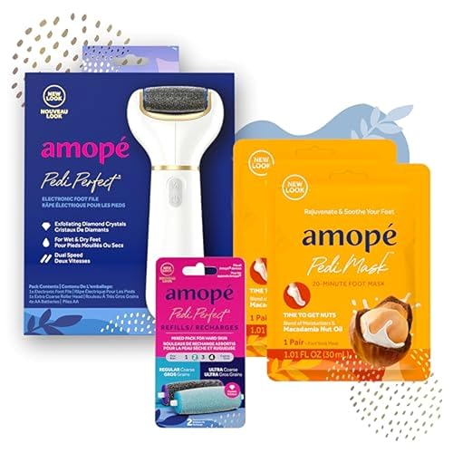 Amop? Pedicure Value Kit, Spa Pampering Pack, Self-Care & Relaxation Gift, contains Pedi Perfect Electric Callus Remover Foot File, 2 Macadamia Oil PediMask Foot Masks, 2 Roller Heads ? 4 pieces