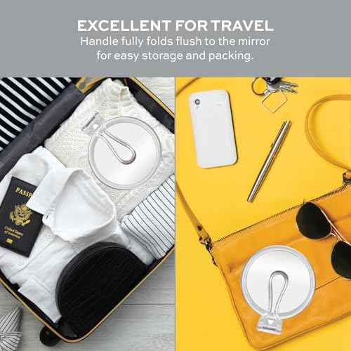 ForPro Professional Collection Expert 30X Magnifying Handheld Mirror, Double-Sided Hand Mirror with Folding Adjustable Handle for Makeup, Travel, Clear