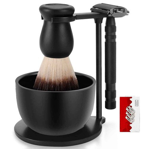 Amazing Razor Shaving Kit - Black Men's Shaving & Grooming Set - Safety Razor, Brush, Stand, Soap Bowl, Stainless Blades