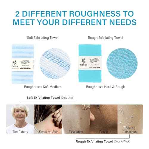 Yiclick 2 Pack Exfoliating Washcloth Towel - Exfoliating Body Scrubber Exfoliator, Loofah Sponge Wash Cloth, Korean & Japanse & African Net Sponge Rag - Back Scrubber Washer (Blue)