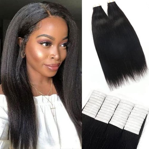 100G Tape in Hair Extensions Yaki Straight Tape in Human Hair Extensions 4C for Black Women 40Pcs Double Sided Seamless Skin Weft Tape on Hair Pieces InvisibleTape ins 18 Inch for Short Hair