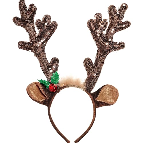 Sparkling Brown Sequined Antler Headband - 15" x 14" - Chic Hair Accessory - Perfect for Holidays & Unique Events