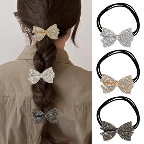 3PCS Metal Rhinestone Bow Hair Ties for Women,Sparkly Hair Scrunchies for Ponytail Holders,Cute French Elastic Rubber Band Accessories,Gold Silver Black Crystal Hair Cuffs for Thick Thin Hair