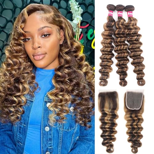 P4/27 Ombre Human Hair Bundles Loose Deep Wave Quick Weave Hair with Closure, 10A Brazilian Raw Deep Wave Human Hair Highlight Bundles with 4x4 Lace Closure(12 14 16+12inch, Honey Blonde Brown Color)