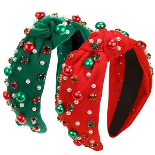 2 Pcs Christmas knotted Headbands for Women Girls Red Green Pearl Rhinestone Headband with Jewel Crystal Winter Christmas Holiday Gifts for Women