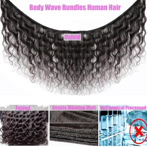 12A Body Wave Human Hair Bundles with Closure (18 20 22+16,Free Part) Closure with 3 Bundles Brazilian Virgin Hair Extensions with Pre Plucked with Baby Hair 5X5 HD Lace Closure Natural Black Color