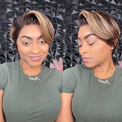 13x4 Pixie Cut Short Bob Wig Highlight Honey Blonde Brown Color Straight Short Bob Transparent Lace Front Human Hair Wigs For Women Brazilian Virgin Hair 150 Density Pre Plucked