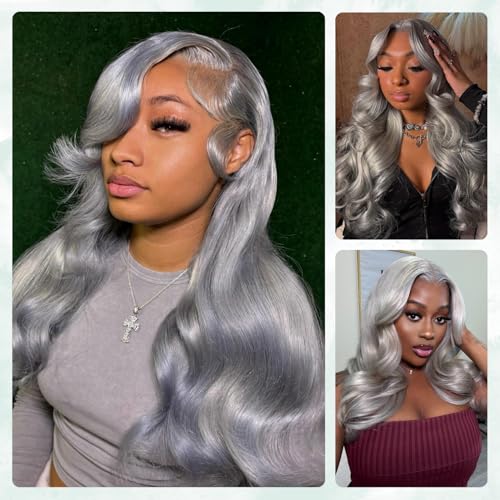 Grey 2 Bundles Human Hair Body Wave, 12A Soft and Thick 100% Unprocessed Remy Hair Lavender Silver Gray Human Hair Sew In Quick Weave Bundles Short Wavy Sew In Extension (14/14 Inch, 2PC)
