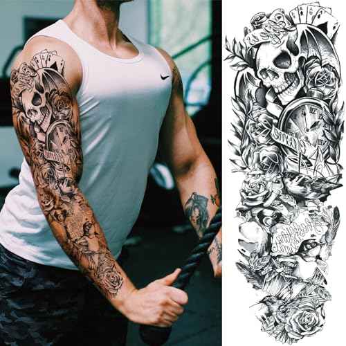 Pirate Skull Fake Tattoo Sleeve for Men, Full Arm Realistic Flower Skeleton Kraken Gun Temporary Tattoo Sleeve Women Adult, Large Black Octopus Sailboat Temp Tatoo Sticker Leg Body Art Makeup, 8-Sheet