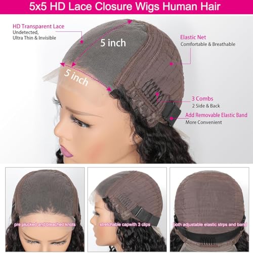 Manorshen 26 Inch 5x5 HD Lace Closure Wigs Human Hair Pre Plucked Deep Wave Human Hair Wigs for Black Women Glueless 180% Density Wet and Wavy Deep Curly Wig Natural Color with Baby Hair