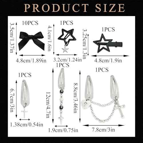 15PCS Sliver Hair Clips Black Small Hair Bows Dangle Cross Clips Metal 6 Shapes Pentagram Star Barrettes Gothic Snap Clips Punk 2000s Y2K Hair Accessories for Women