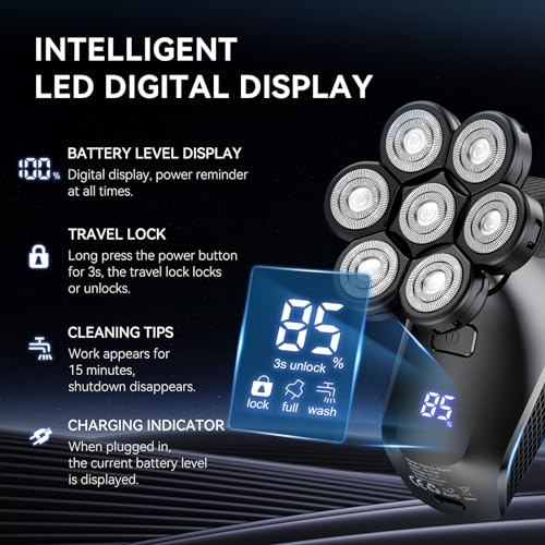 7D Head Shavers for Bald Men - 5 in 1 kensen Electric Head Hair Shaver, Head Electric Razor with Nose Hair & Beard Trimmer Cordless Rechargeable IPX6 Waterproof Wet Dry LED Display Gifts Travel Case