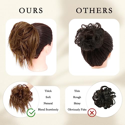 MORICA Tousled Updo Messy Bun Hair Piece Hair Extension Ponytail with Elastic Rubber Band Updo Wavy Bun Extensions Synthetic Hair Extensions Scrunchies Chignons Hairpiece for Women(Light Golden Brown)