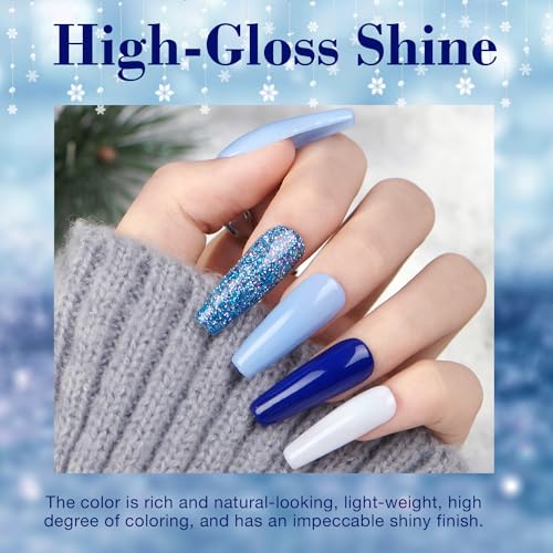 AZUREBEAUTY Christmas Dip Powder Nail Kit Winter White Navy Blue Glitter 4 Colors Acrylic Dipping Powder Liquid Set with Base/Top Coat Activator for French Nail Art Manicure DIY Gift for Women