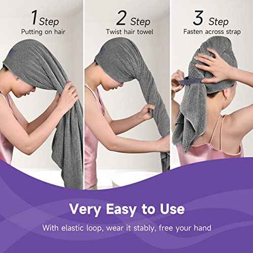 Umisleep Extra Large Microfiber Hair Towel for Women Long, Curly, Thick Hair, Super Soft Anti Frizz Quick Dry Hair Towel Wrap, Ultra Absorbent Hair Turban with Elastic Band Grey