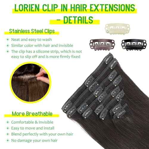 LORIEN Clip in Hair Extensions Real Human Hair, 18 Inch 100g/3.6oz, 1B Natural Black, Clip in 100% Brazilian Remy Human Hair Extensions 8pcs Per Set with 18 Clips Double Weft