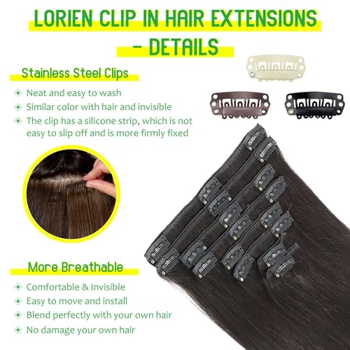 LORIEN Clip in Hair Extensions Real Human Hair, 22 Inch 110g, 1B Natural Black, Clip in 100% Brazilian Remy Human Hair Extensions 8pcs Per Set with 18 Clips Double Weft