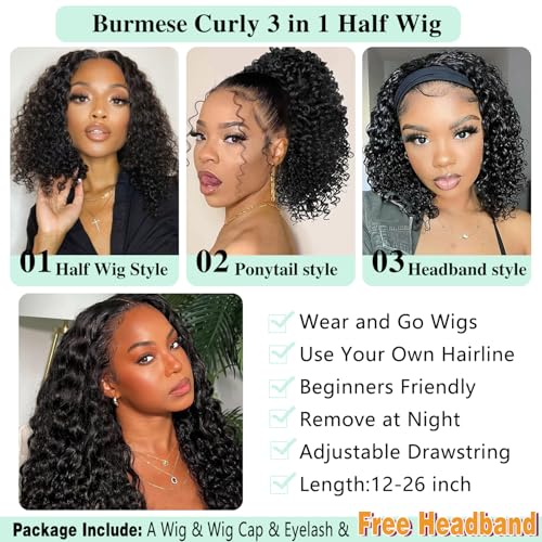 Burmese Curly Half Wigs Human Hair 200% Density Curly 3 In 1 Half Wigs With Drawstring for Women Water Wave Glueless Wig Human Hair with Spiral End,Seamless Flip Headband Wig,Beginner Friendly(14inch)